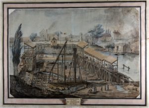 Aquarelle représentant la construction du pont de Joinville à la fin du XVIIIe siècle