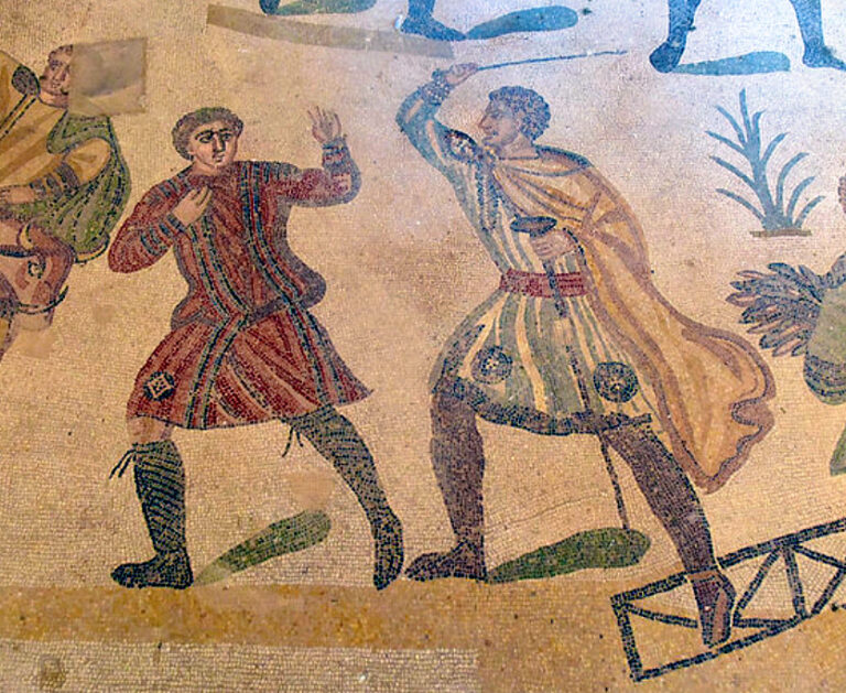 Esclave battu par son maitre. Mosaïque de la villa Casale Armerina (Sicile). Fin du IIIe siècle