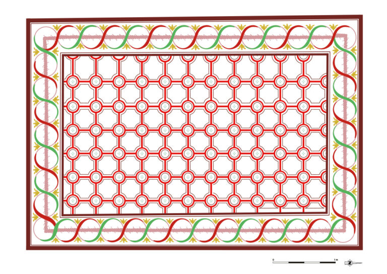 Restitution d’un décor de plafond, zone ouest (C. Serrano, d’après T. Zeyer)