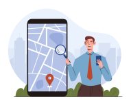 Man with mobile map. Young guy with magnifying glass near mobile phone. Navigation and geolocation, GPS system. GPS pin at map. Flat vector illustration isolated on white background