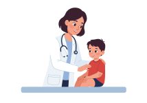 Cartoon depiction of a female doctor examining a young boy sitting on a table