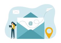 Woman using laptop computer and writing mail. Contact us banner. Concept of online support, customer support, email marketing. courrier, numérique, lettre