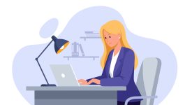 Professional businesswoman working diligently on her laptop at a modern office desk. Ideal for concepts of productivity, remote work, and corporate success. Professional businesswoman working diligently on her laptop at a modern office desk. Ideal for concepts of productivity, remote work, and corporate success.