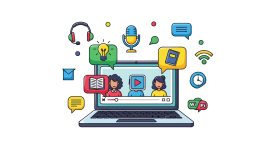 Diverse students engage in online learning via laptop with educational icons. numérique, communication,
