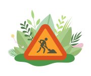 Under Construction Sign with Man Digging Ground in Blooming Flowers and Leaves in Spring or Summer Season Vector Illustration on White Background.
