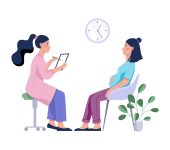 Pregnant woman having a consultation with doctor. Female character expecting baby. Idea of pregnancy. Isolated flat vector illustration