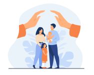 Hands protecting family with two children. Young couple of parents holding baby, standing together under human palms. For family safety, state protection, assistance, care concept