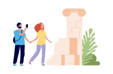 Tour trip. Tourists watch ancient ruins, man take photo. Man woman travellers, cartoon couple together travel vector illustration