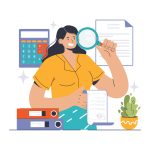 Audit concept. Professional woman examining financial documents, using calculator and magnifying glass. Accuracy in numbers, detailed review. Flat vector illustration